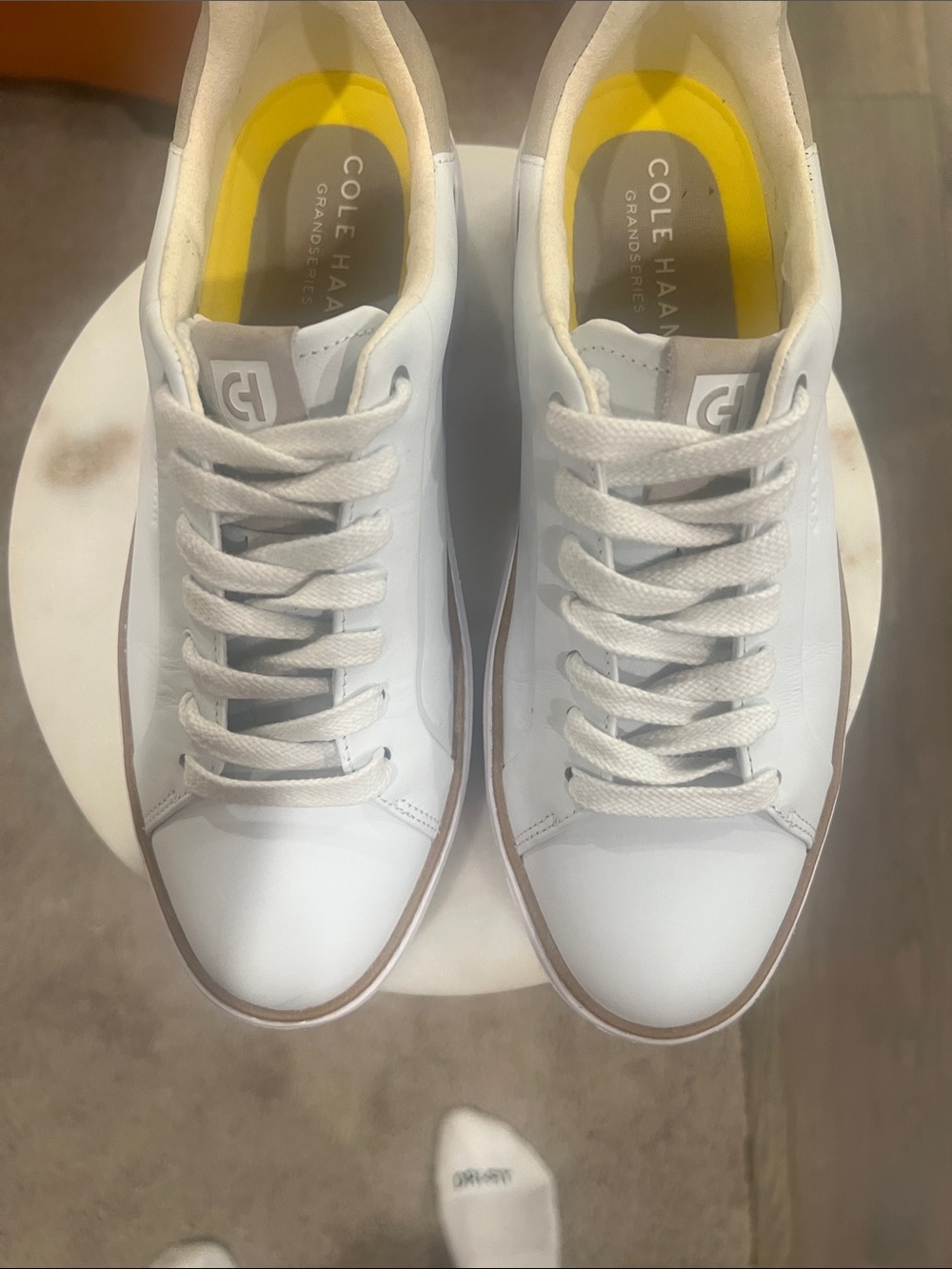 Cole Haan White Leather Sneakers with Yellow Insoles and Brown Trim